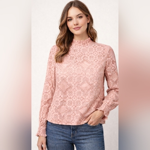 Ultra Pink Tops - Ultra Pink Crotchet Lace Detail Mock Neck Ruffle Long Sleeve XL EUC PTP 23